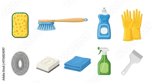 Cleaning supplies arranged sponge brush dish soap gloves steel wool bar soap cloth spray bottle and scraper