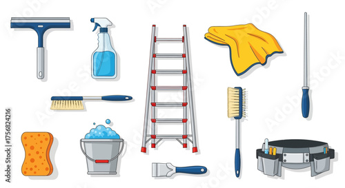 Cleaning supply tools are shown including a ladder squeegee spray bottle and sponge