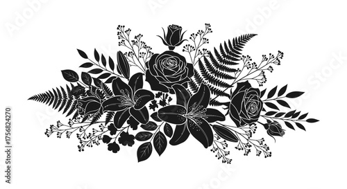 Elegant silhouette floral arrangement with roses, lilies, and ferns