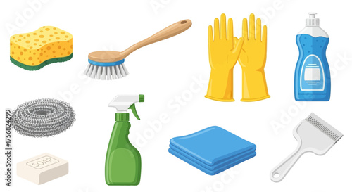 Cleaning supplies sponge brush gloves soap cloth steel wool scraper spray bottle and dish soap