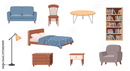 Furniture illustration shows sofa chair table bed bookcase lamp dresser and armchair