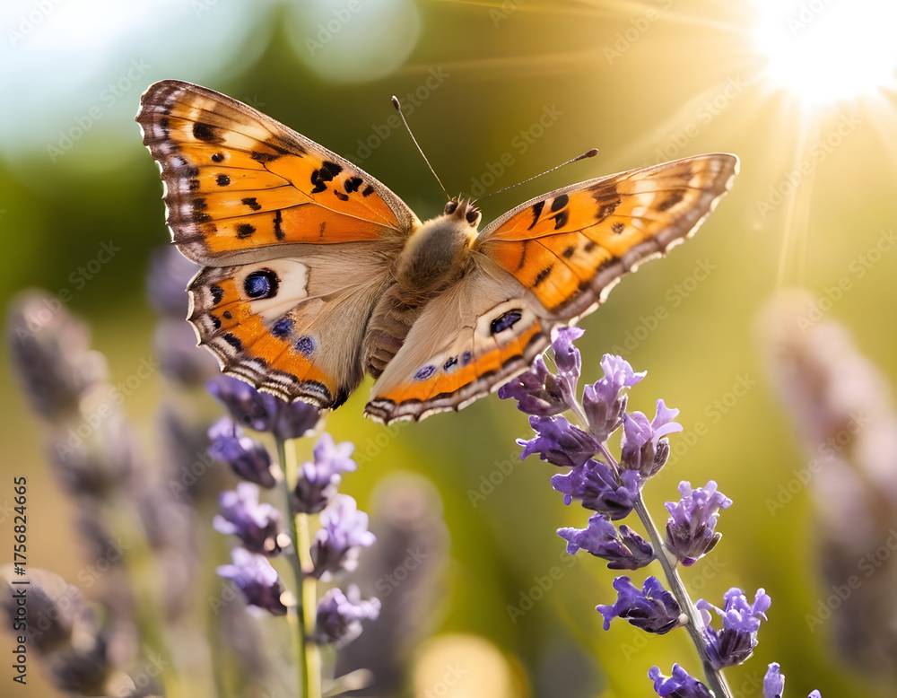 Fototapeta premium Sunny summer nature background with fly butterfly and lavender flowers with sunlight and bokeh. Outdoor nature banner, butterfly on a flower