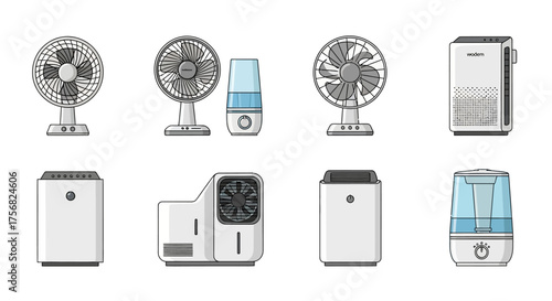 Graphic image of fans air purifiers  humidifiers Objects presented in a clear simple style