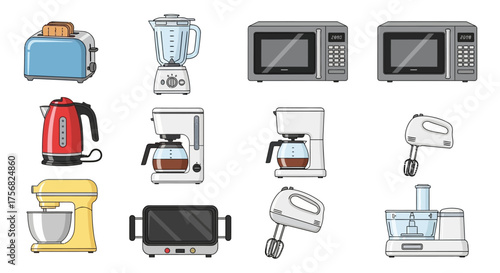 Kitchen appliance cartoon set mixers toaster microwaves blenders coffee makers grill kettle food processor