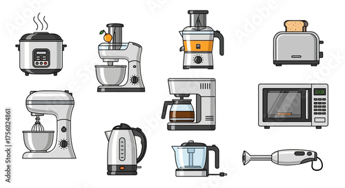 Kitchen appliances line the frame cooker mixers juicer coffee maker toaster kettle microwave and hand blender