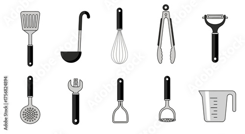 Kitchen tools arranged spatula ladle whisk tongs peeler skimmer can opener masher and measuring cup