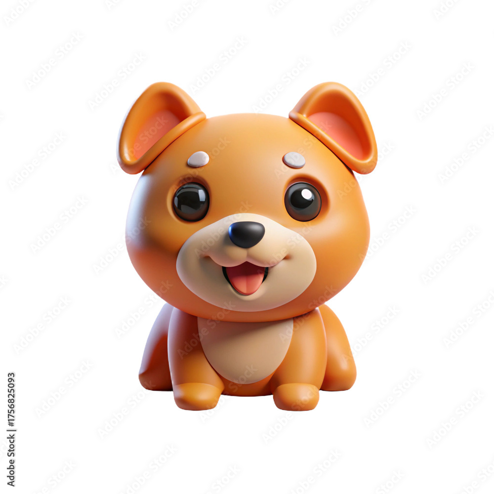 Naklejka premium Cute 3D Dog Cartoon Character Illustration Render: Playful Puppy with Big Eyes and Smiling Face on White Background, Animated Pet Design for Kids