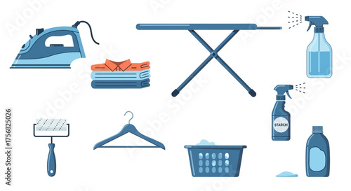 Laundry scene iron board folded clothes hangers starch spray bottles roller and detergent