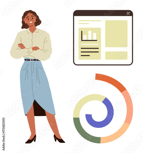 Businesswoman standing confidently beside a browser window with bar charts, text segments, and a colorful progress chart. Ideal for business, analytics, team leadership, strategy, creativity