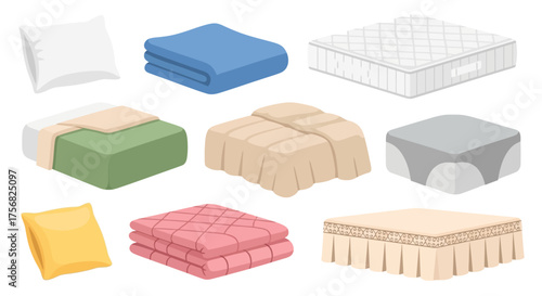 Nine bedroom items pillows folded blankets mattresses and bed frames in neutral shades are isolated on a white background