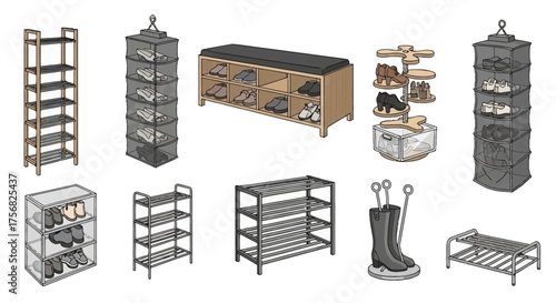Shoe storage solutions shelves hanging organizers bench  boot rack displayed together