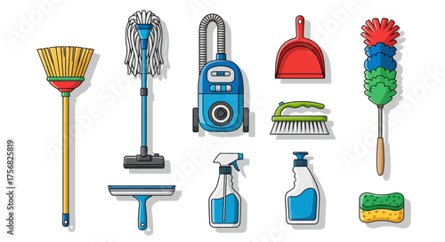 Vectorstyle cleaning supply icons arranged isolated on white