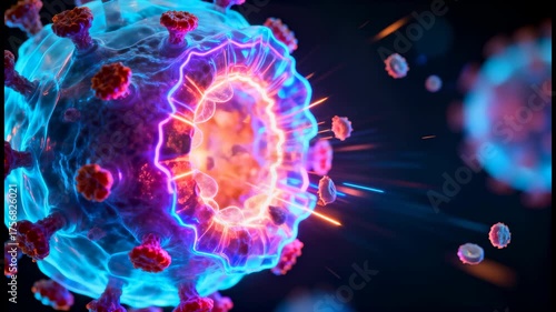 A glowing virus particle under a microscope bursting apart with bright energy and microscopic fragments flying outward