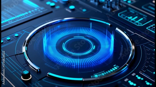 Futuristic digital interface with glowing blue circular data elements and holographic display design