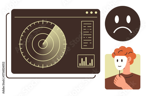 Radar scanning with data panels, sad face icon, person holding a mask. Ideal for surveillance, detection, emotional analysis, deception, technology data tracking self-expression. Simple flat