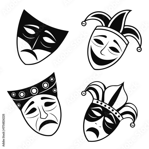 Vector art of four theatrical masks of comedy and tragedy vector art
