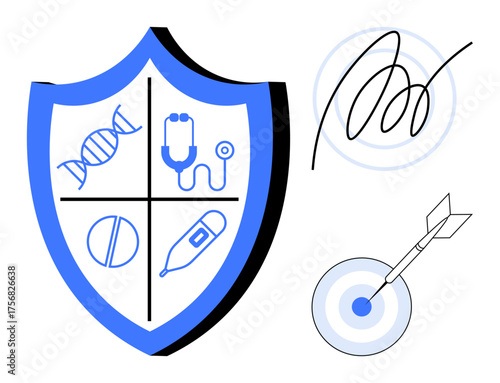 Shield design with DNA, stethoscope, pill, thermometer signature, dart hitting target. Ideal for health, diagnostics, precision medicine, healthcare security success medical ethics simple flat