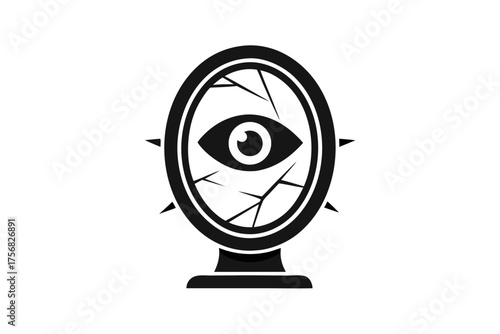 Cracked mirror with eye reflection mysterious icon  