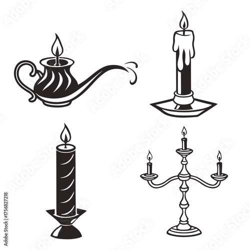 Vector art of collection of antique candle and oil lamps