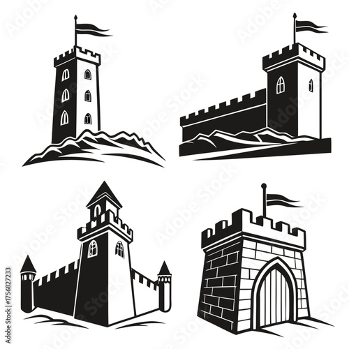 Vector art of set of medieval castle towers and walls