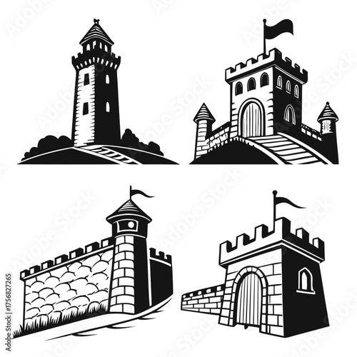 Vector art of collection of medieval castle towers and walls