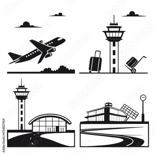 Vector art of airport silhouette with airplane, runway, and control tower