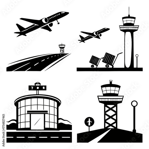 Vector art of airport silhouette with airplane, runway, and control tower