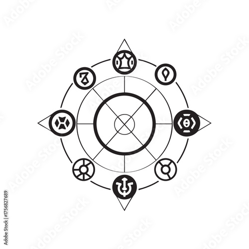 Intricate Black Geometric Symbol with Circular and Triangular Elements