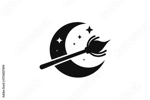 Witch broom crossing moon Halloween spooky magic decoration mystical icon