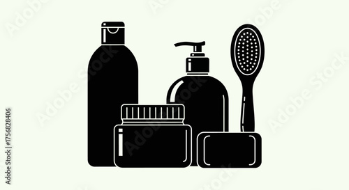 Set of toiletries including shampoo bottle, lotion dispenser, jar, soap, and brush