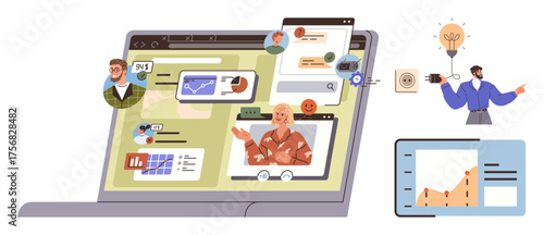 Laptop screen with video calls, charts, and analytics, surrounded by a person presenting ideas and a lightbulb. Ideal for remote work, collaboration, brainstorming, online education, innovation