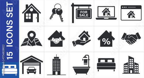 Real estate icons. A collection of modern, flat design icons, including house, keys, sale sign, map, 
handshake, and mortgage symbols