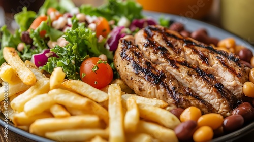 Rice beans grilled chicken steak salad and fries