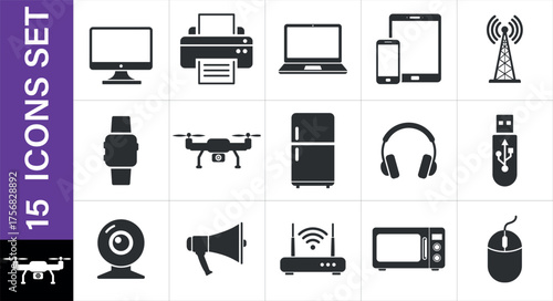 Electronic devices and home appliances icons isolated on white background. Collection of modern 
electronic devices and gadgets icons. including a computer monitor, printer, laptop, smartphone, tablet