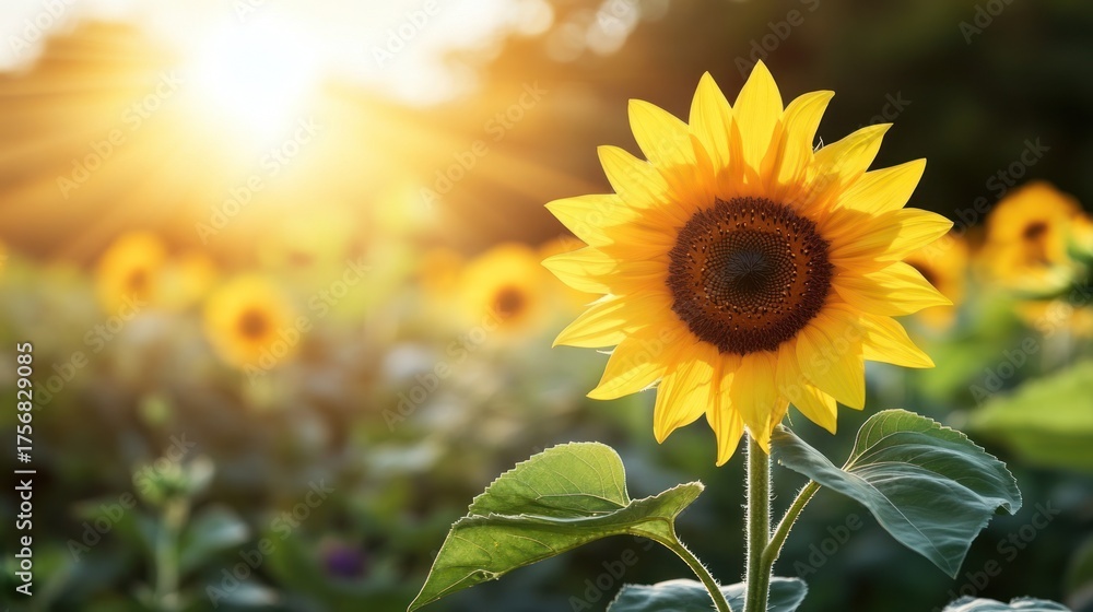 Obraz premium A close-up of a bright yellow sunflower in a field, with a soft, blurred background.