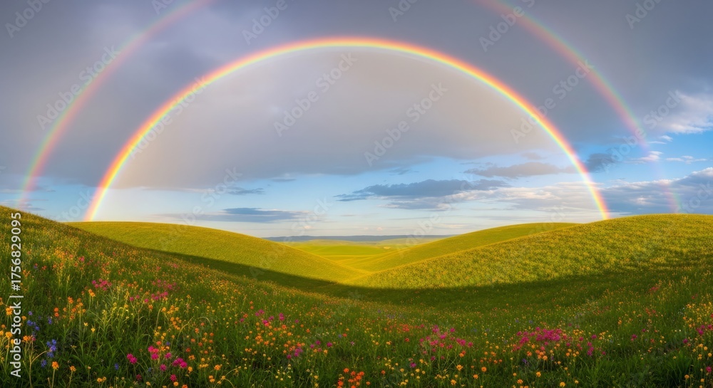 Naklejka premium Vibrant double rainbow arches over rolling green hills dotted with wildflowers under a dramatic sky