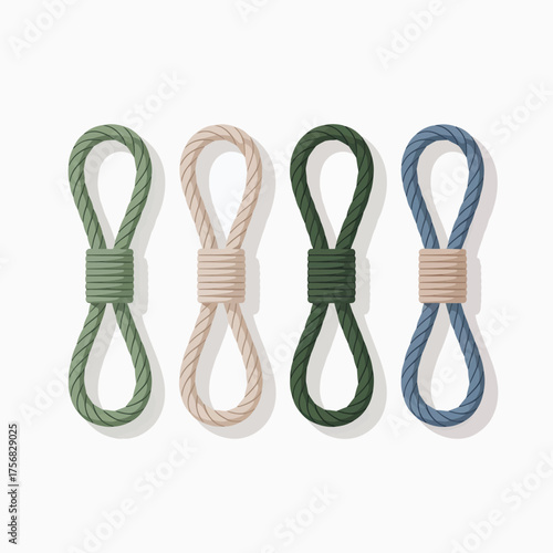 Four colorful braided rope dog toys arranged in a row on a white background