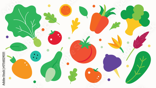 Vector art of various fresh vegetables and fruits in flat vector illustration