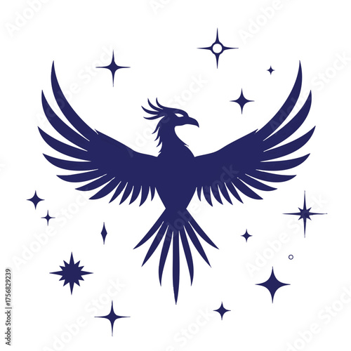 Majestic Dark Blue Phoenix Silhouette with Sparkling Stars