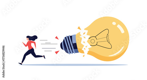 A person running away from a bursting light bulb illustrating a broken idea.