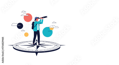 A person standing on a compass looking through a telescope for new opportunities.