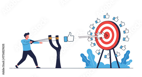 Targeting audience engagement with a giant slingshot and social media likes.