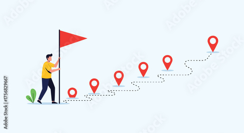 A person plants a flag on a mountain top with a clear path forward.