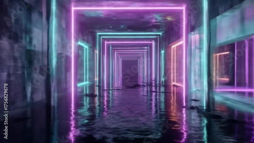 A long, dark tunnel, lined with violet and teal neon lights reflects on the water-like floor