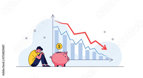 A man sits sadly by a piggy bank with a falling graph showing financial loss.