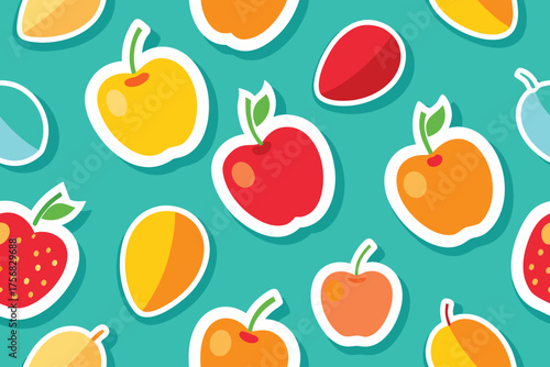 Vector art of seamless pattern of colorful apples and apricots on a light blue background