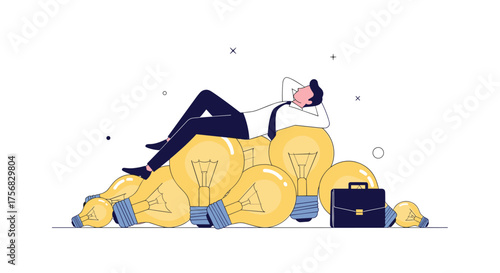 Businessman resting on pile of lightbulbs representing ideas.