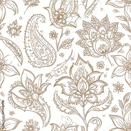 Wallpaper Mural Intricate floral paisley pattern in shades of sepia on a white background Torontodigital.ca