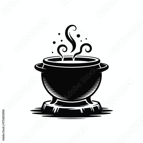 Black silhouette of a steaming cauldron with bubbling potion and magical sparks