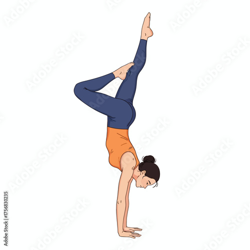 Illustration of a woman performing a handstand with one leg raised in the air against a white background.